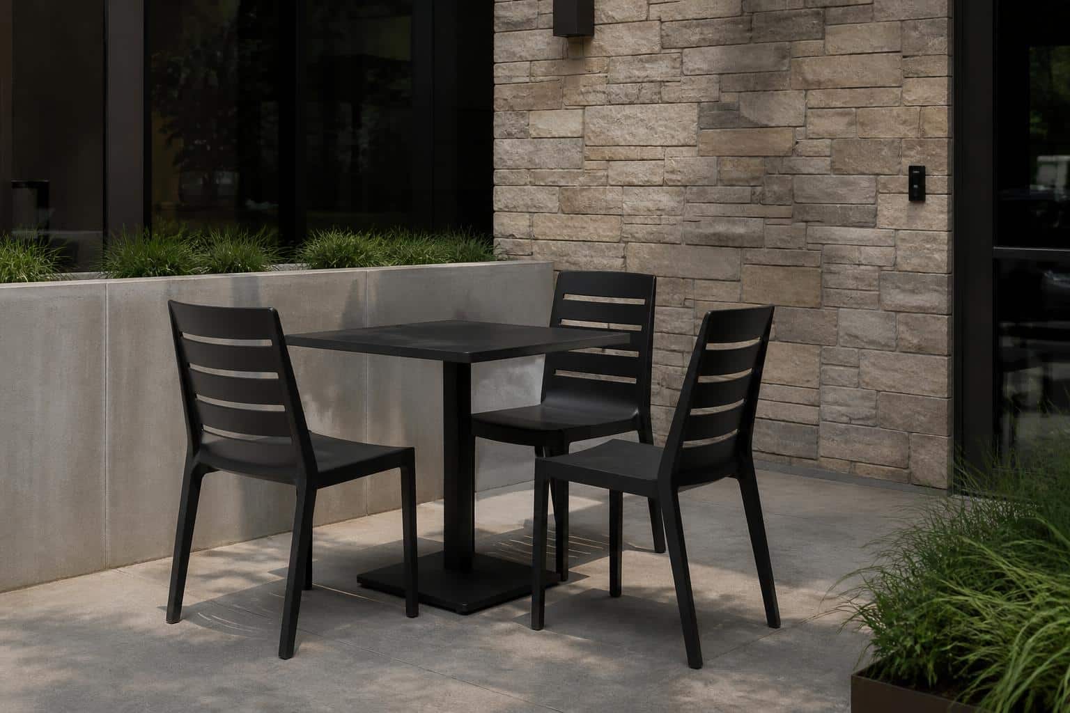 Cafe chairs around an outdoor dining table
