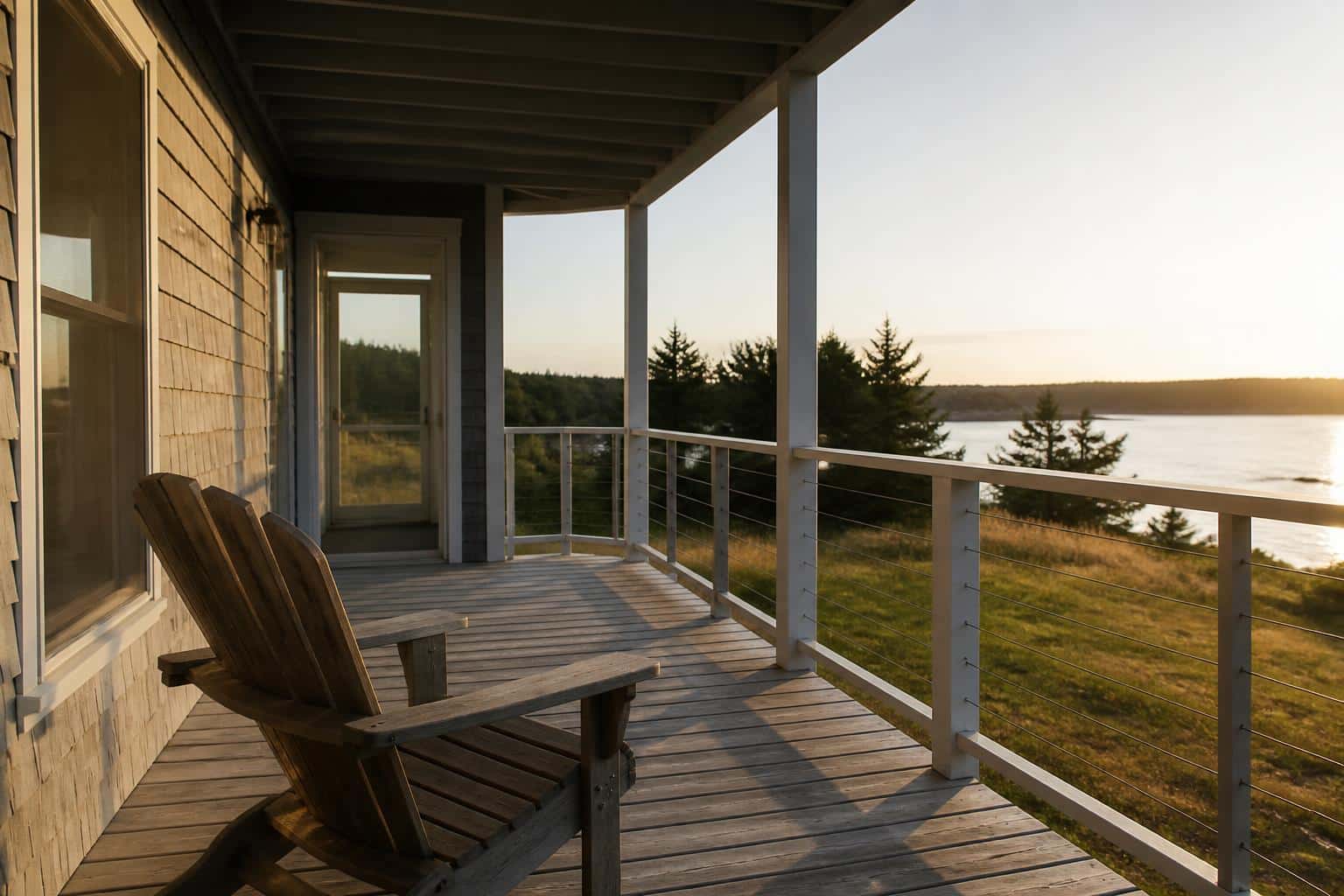 Adirondack chair angled toward a porch railing with walking space preserved
