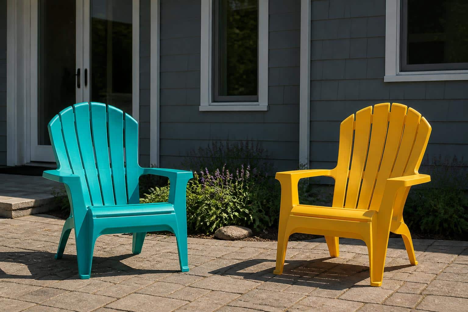Two plastic Adirondack chairs in teal and yellow angled toward each other on a stone patio, evenly front-lit