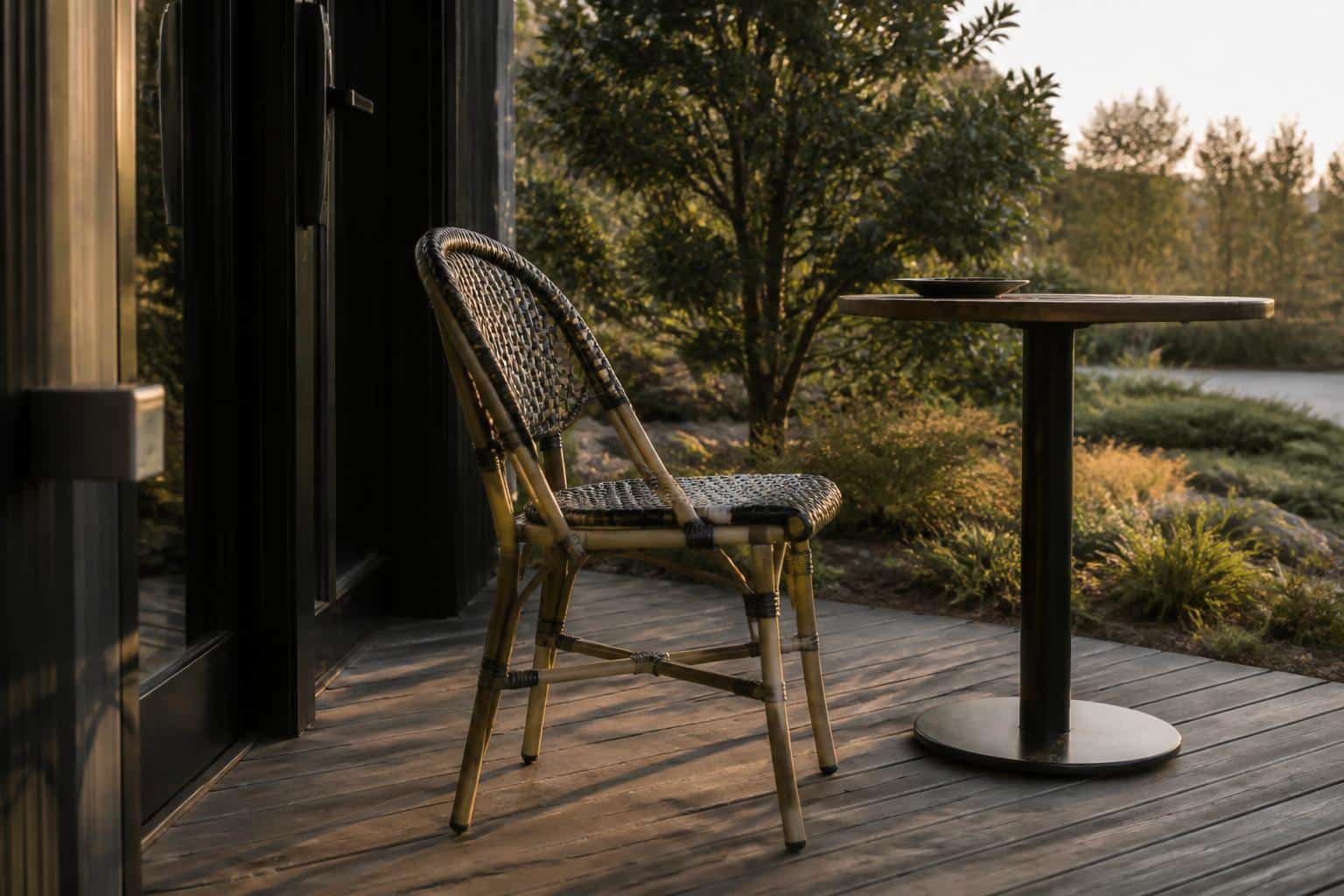 Cafe chair pulled out at an angle on a small deck