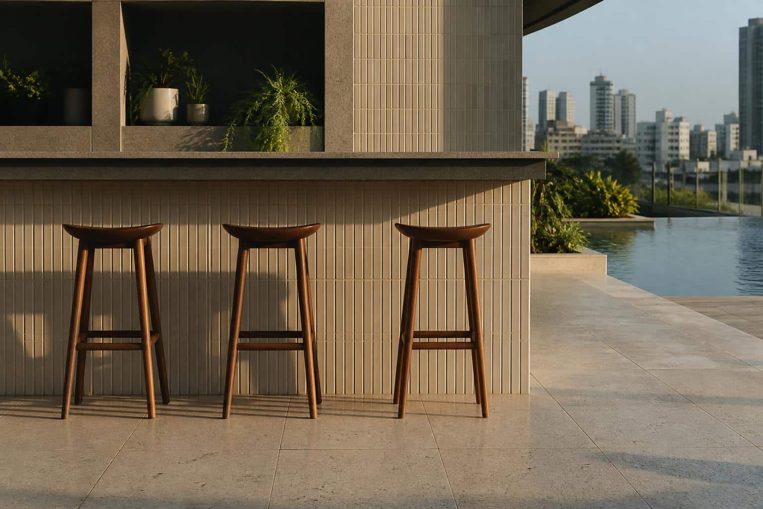Row of three stools at a poolside bar ledge