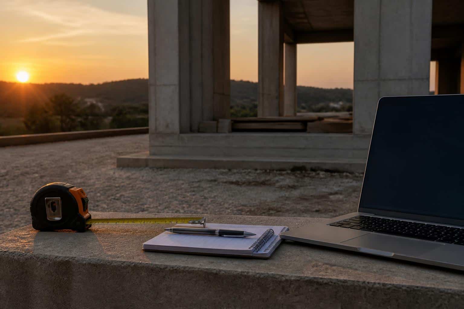 Tape measure and notepad beside a laptop outdoors