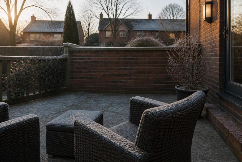 Patio furniture dusted with light frost on a winter morning
