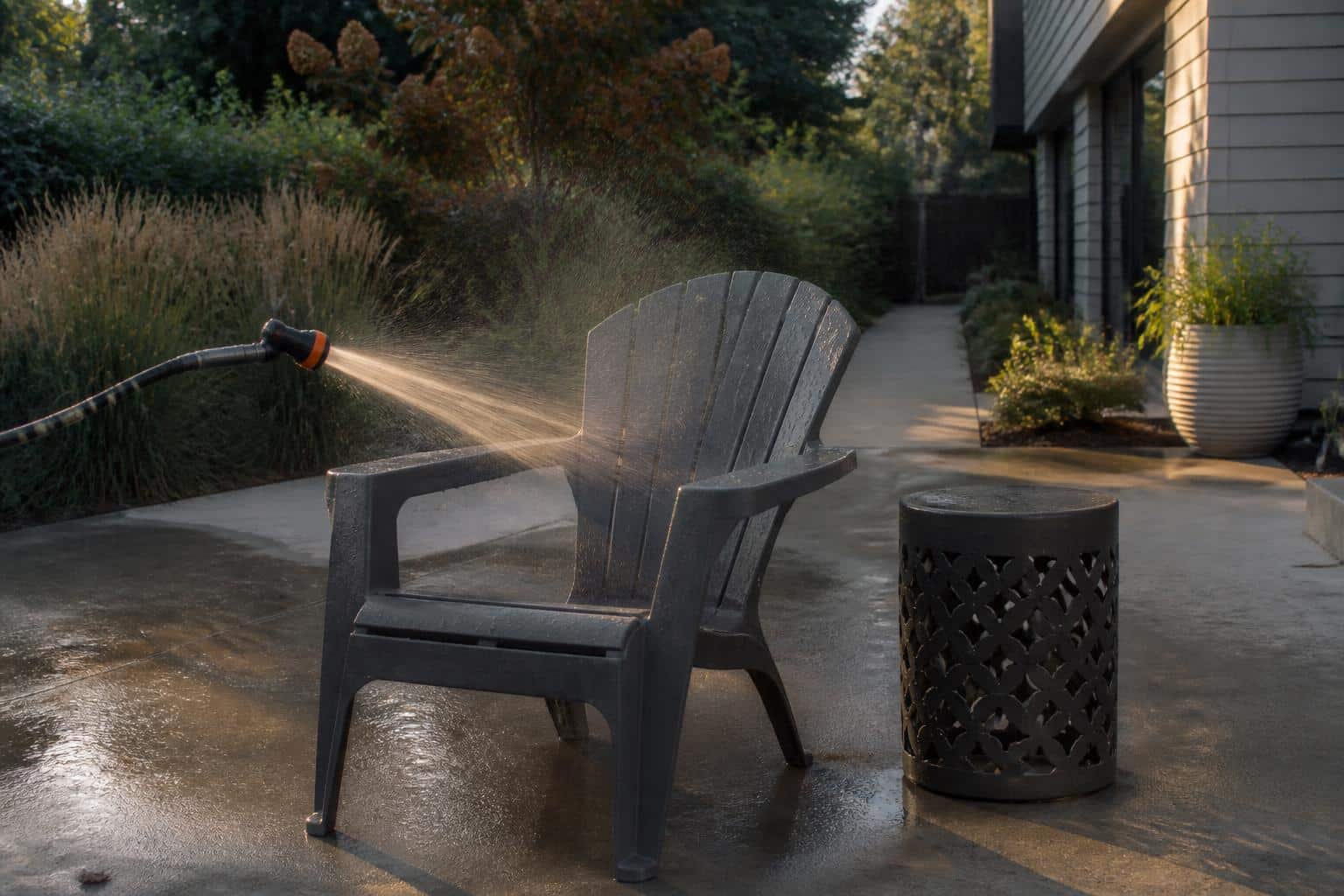 Garden hose rinsing a plastic adirondack chair, water droplets visible