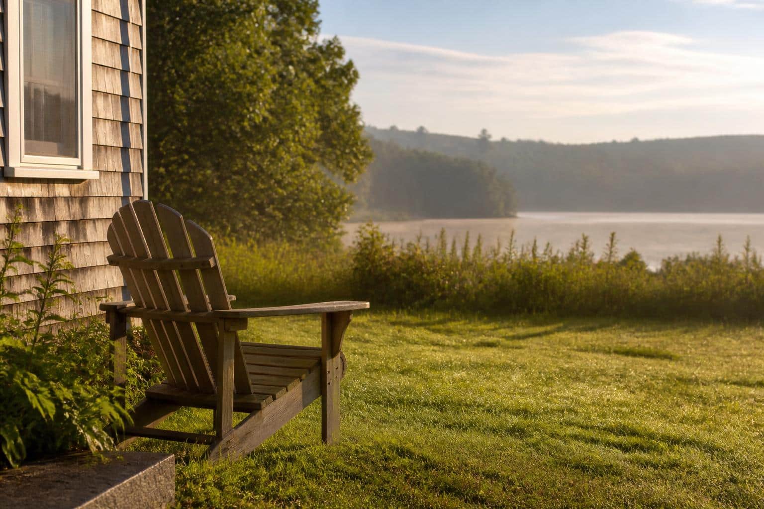 Adirondack chair on a lawn in morning light