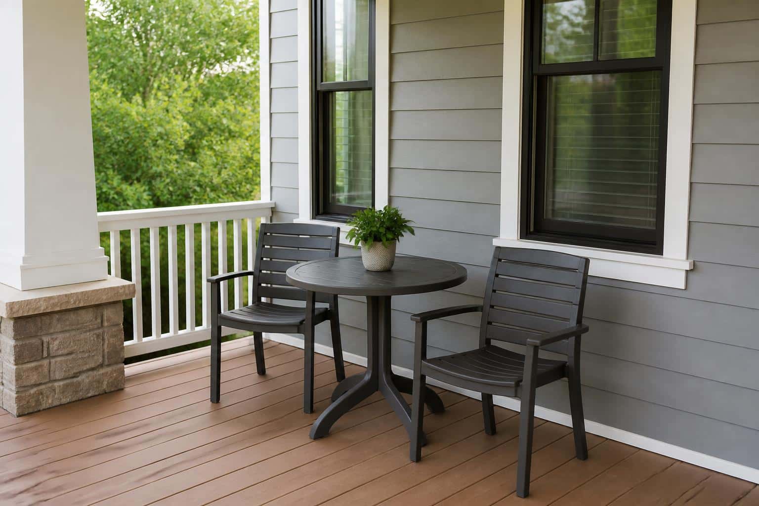 Compact porch with cafe chairs and a small table
