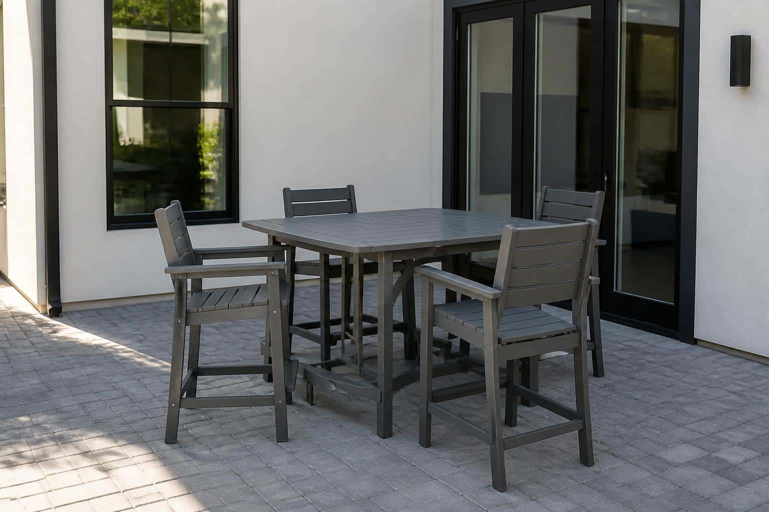 Counter-height outdoor seating in a patio corner