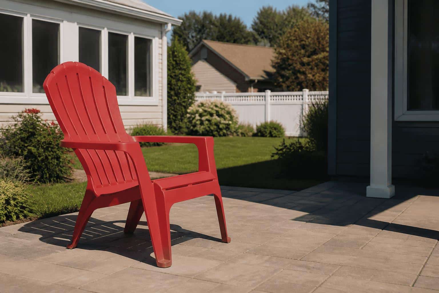A classic red plastic Adirondack chair on a neat suburban backyard patio
