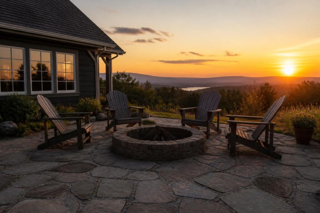 Four adirondack chairs arranged in a semicircle around an unlit stone fire pit at dusk