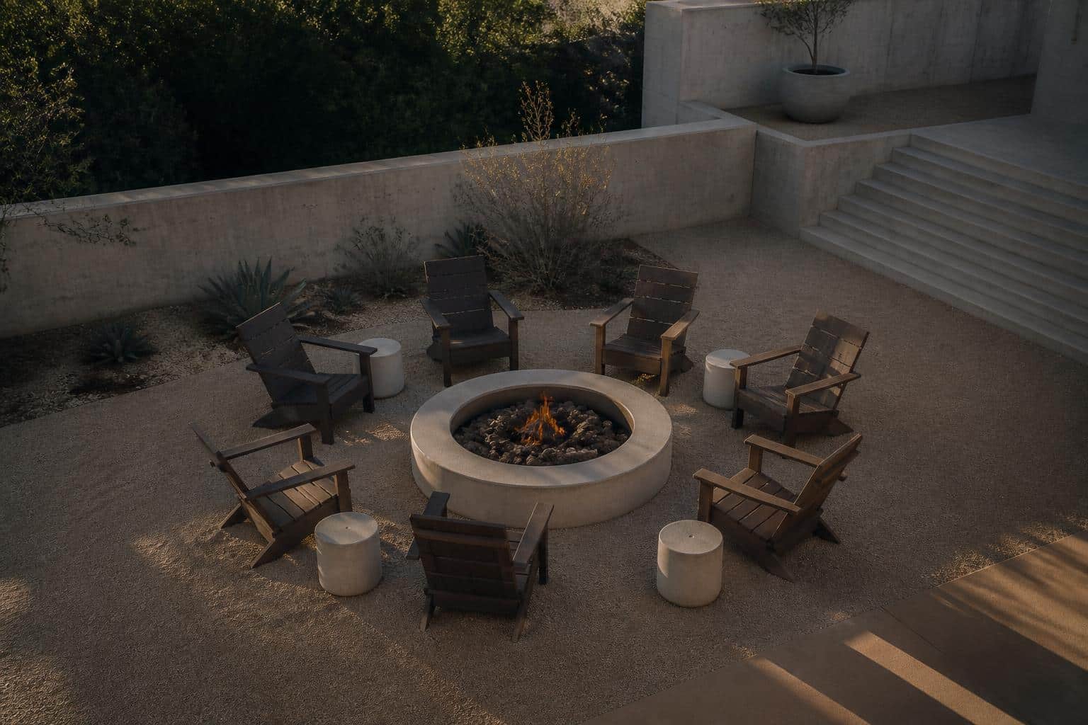 Overhead view of chairs spaced around a fire pit