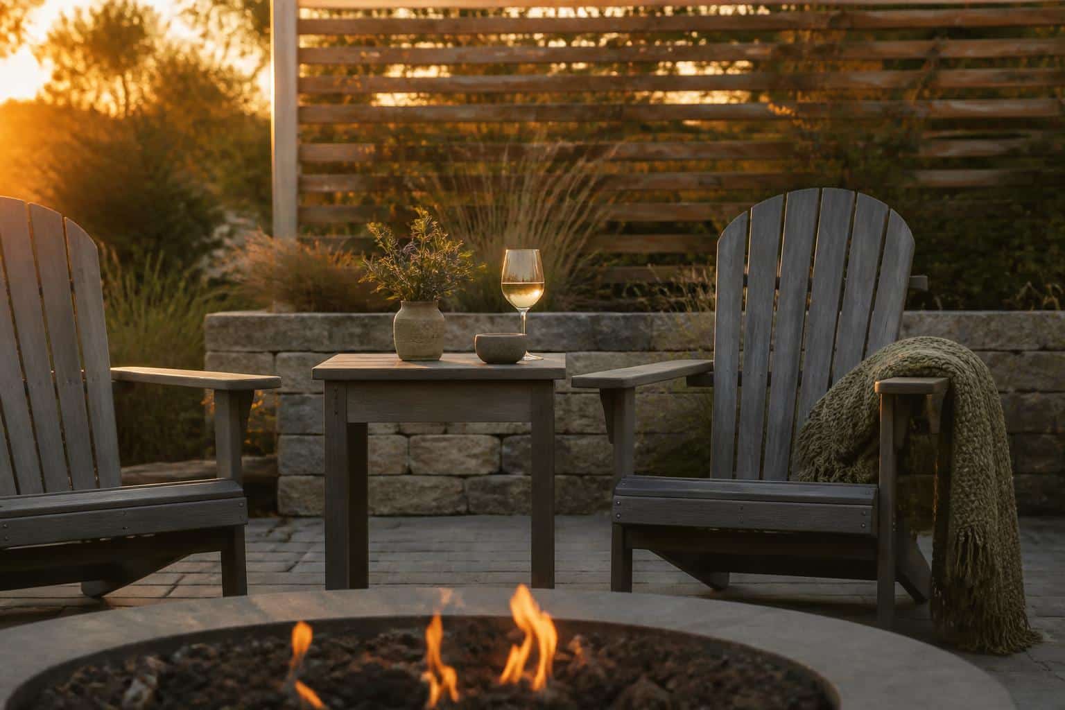Side table between two adirondack chairs near a fire pit
