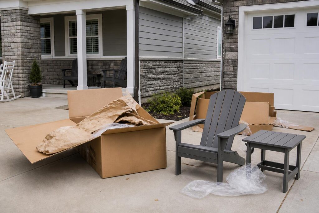 Patio furniture cartons and unpacked chair on arrival day