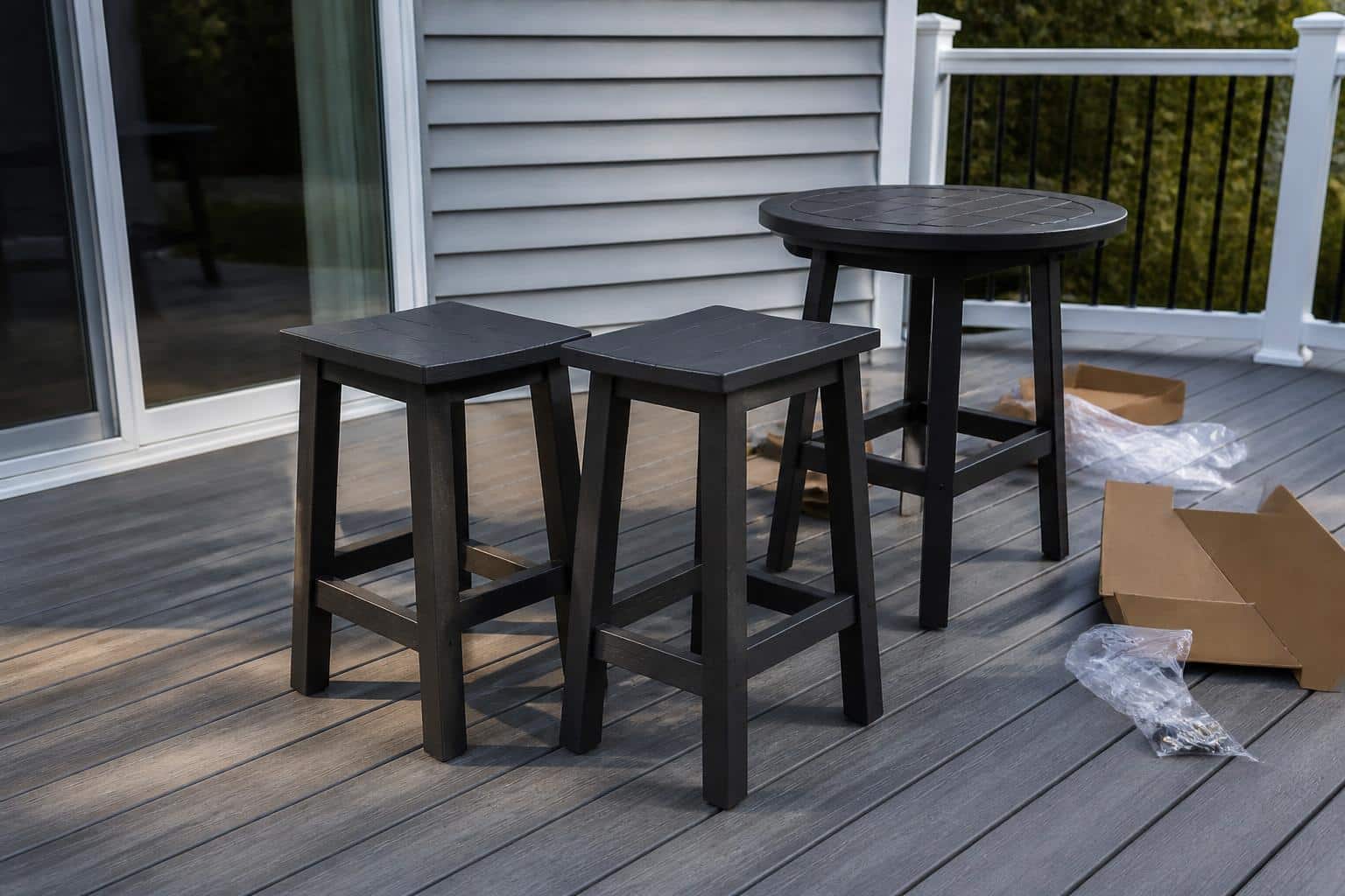 Outdoor stool and table being checked on a flat deck