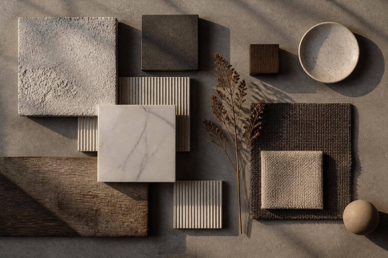 Color palette flat-lay of gray, white, brown tones, no text