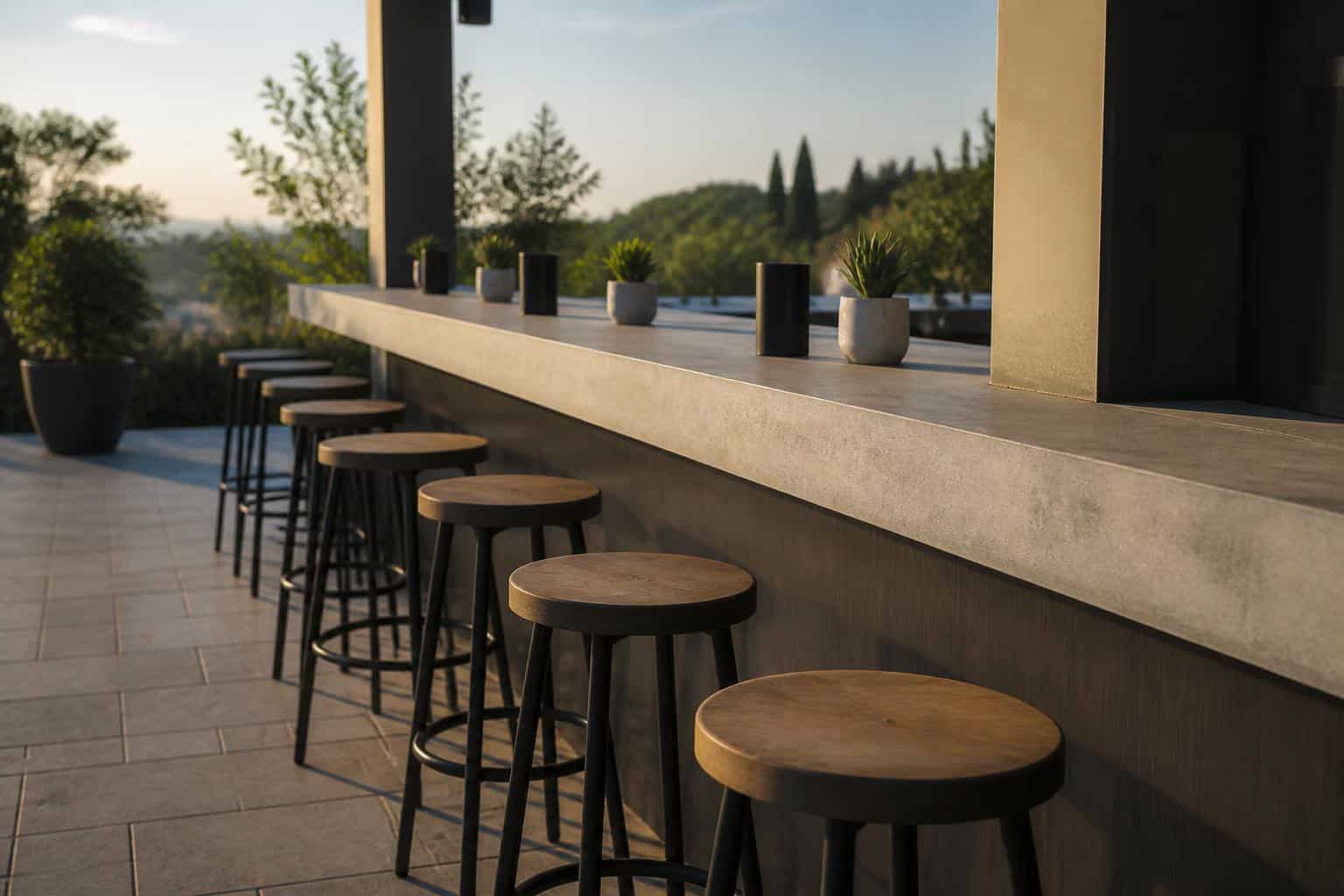 Stools spaced evenly along an outdoor bar ledge