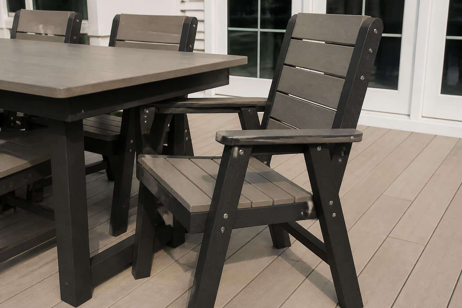 Outdoor dining chair and table with visible hardware connection points