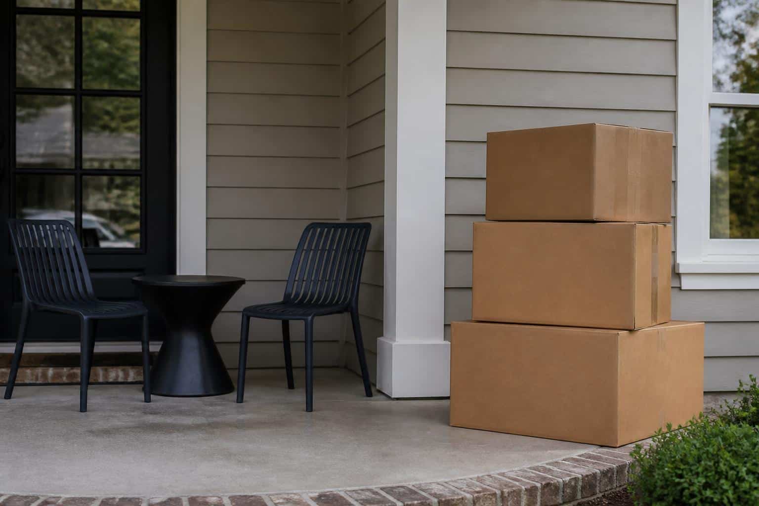 Outdoor chairs near shipping boxes on a front porch
