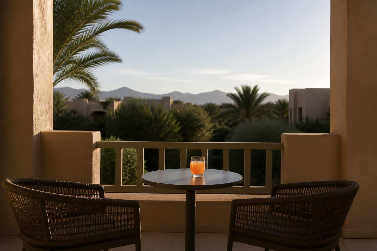Drink resting on a small round table between two chairs