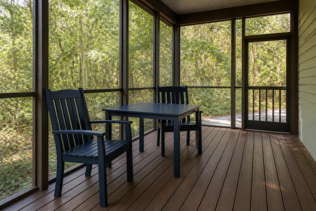 Screened porch with chairs and an open walking path