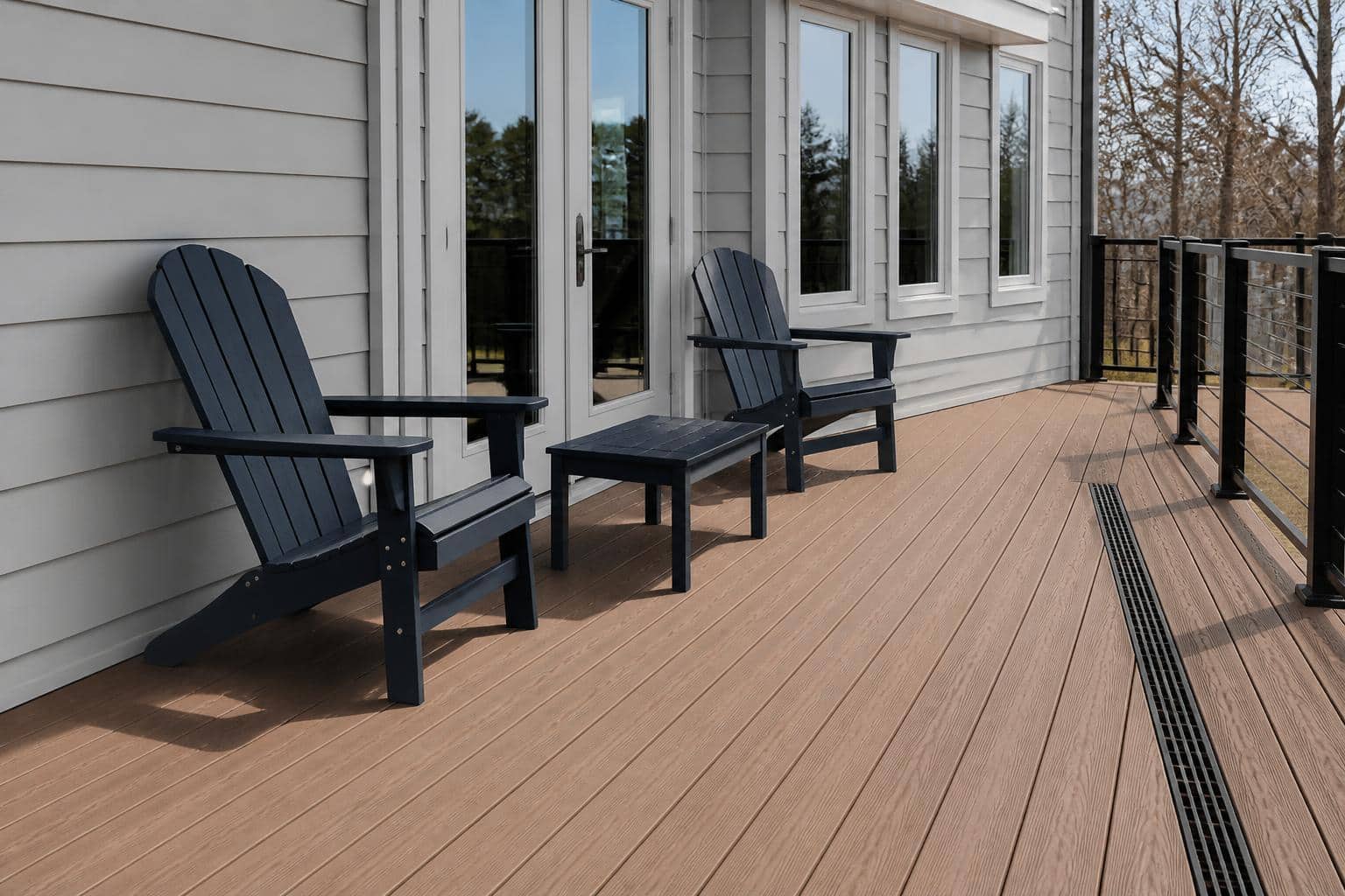 Patio layout with clear walking space and drainage access