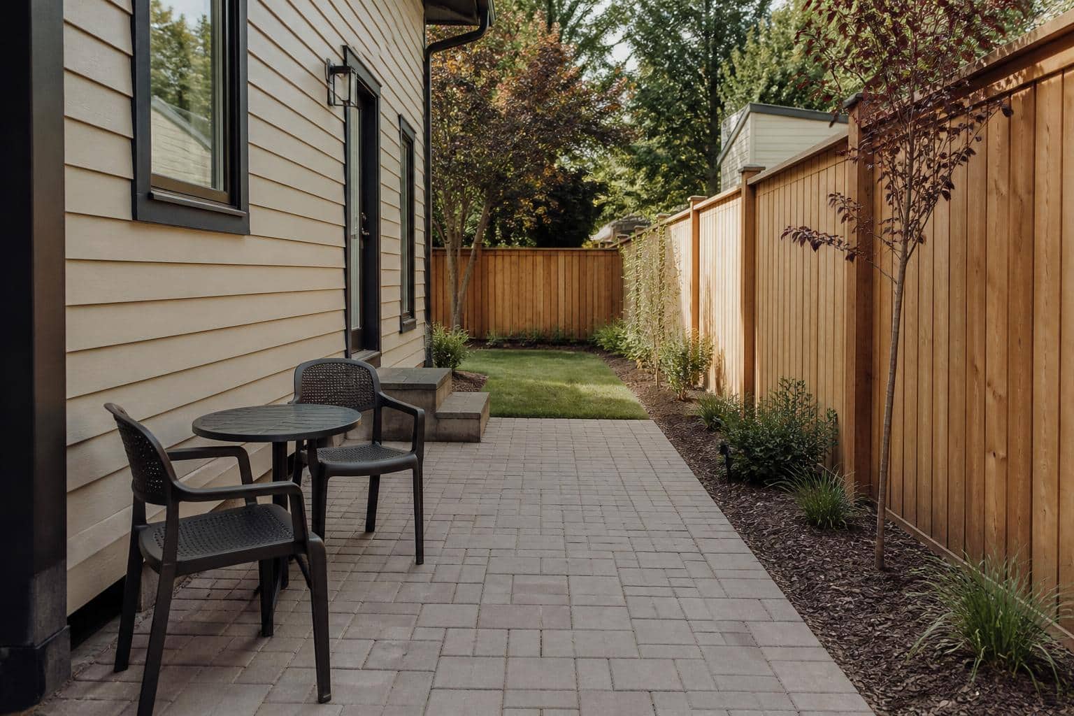 Small patio with open path beside cafe seating