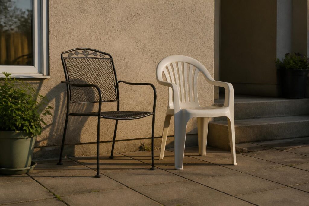 Metal patio chair and plastic patio chair side by side in sunlight