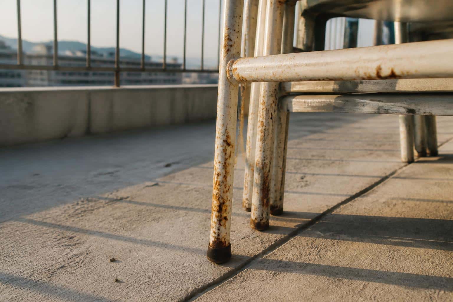 Rust spots on old metal chair leg close-up