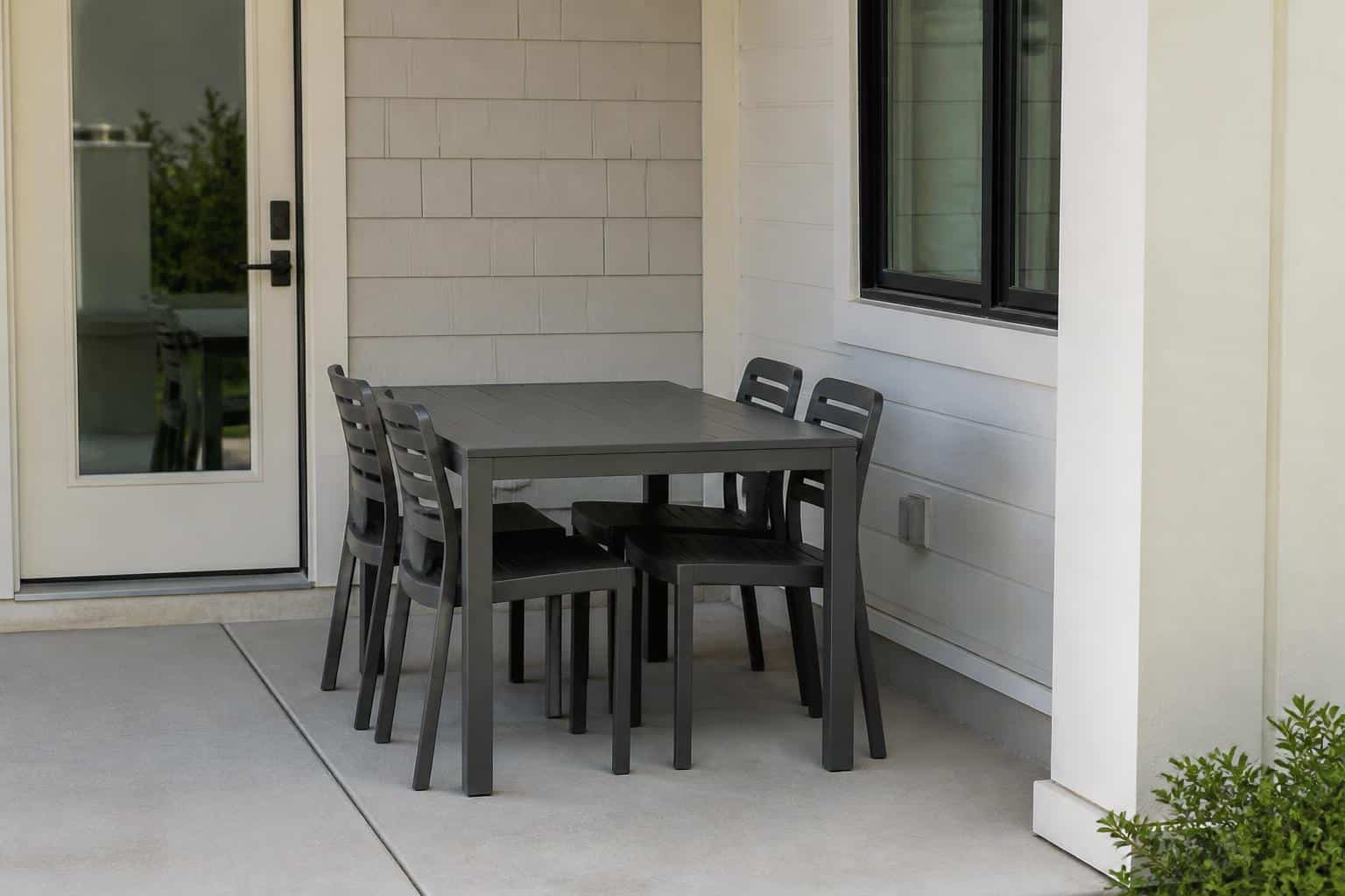 Cafe chairs arranged around an outdoor table