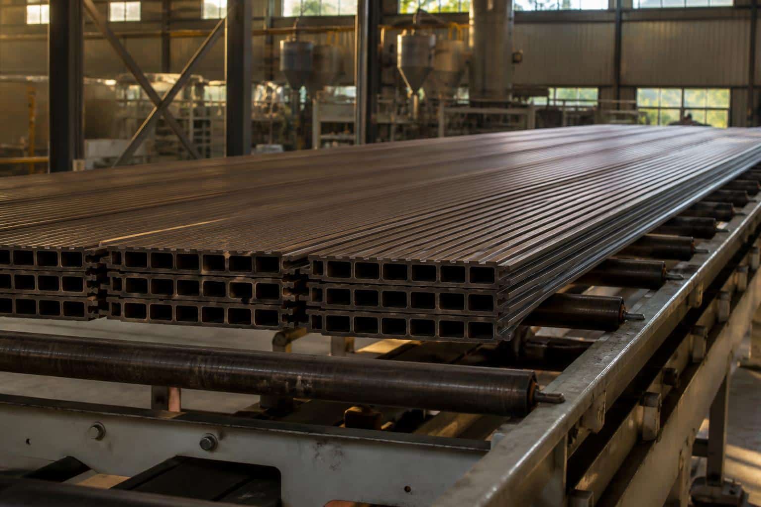 Extruded plastic lumber boards on a production line