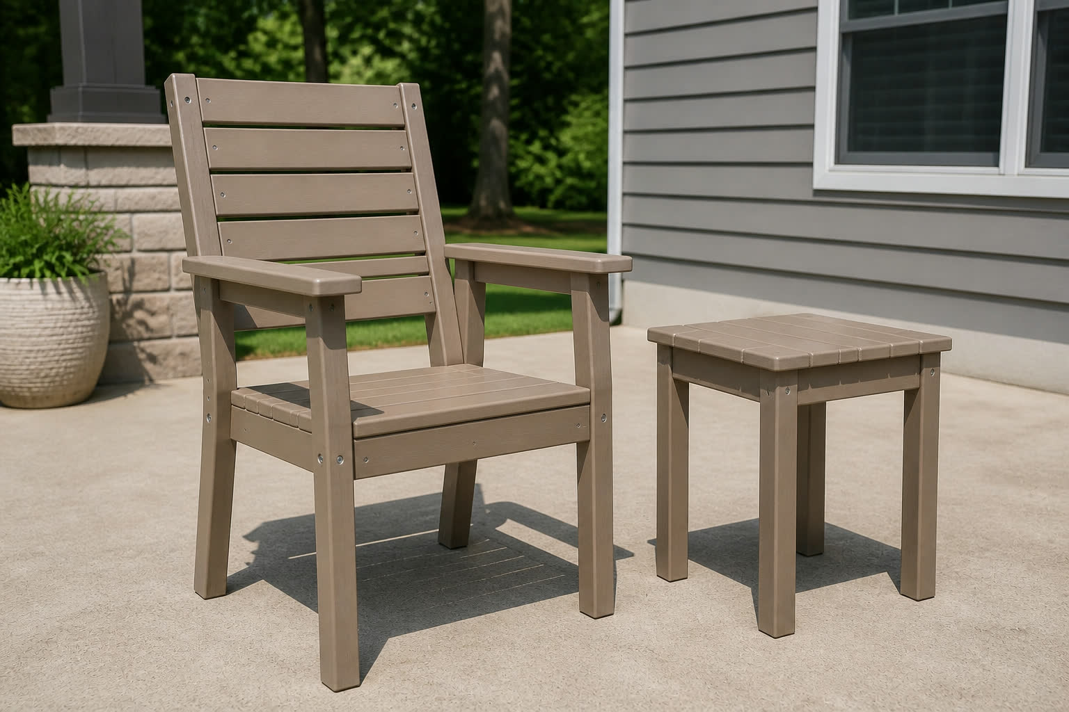 Marine Grade Polymer chair and side table with visible stainless steel fasteners