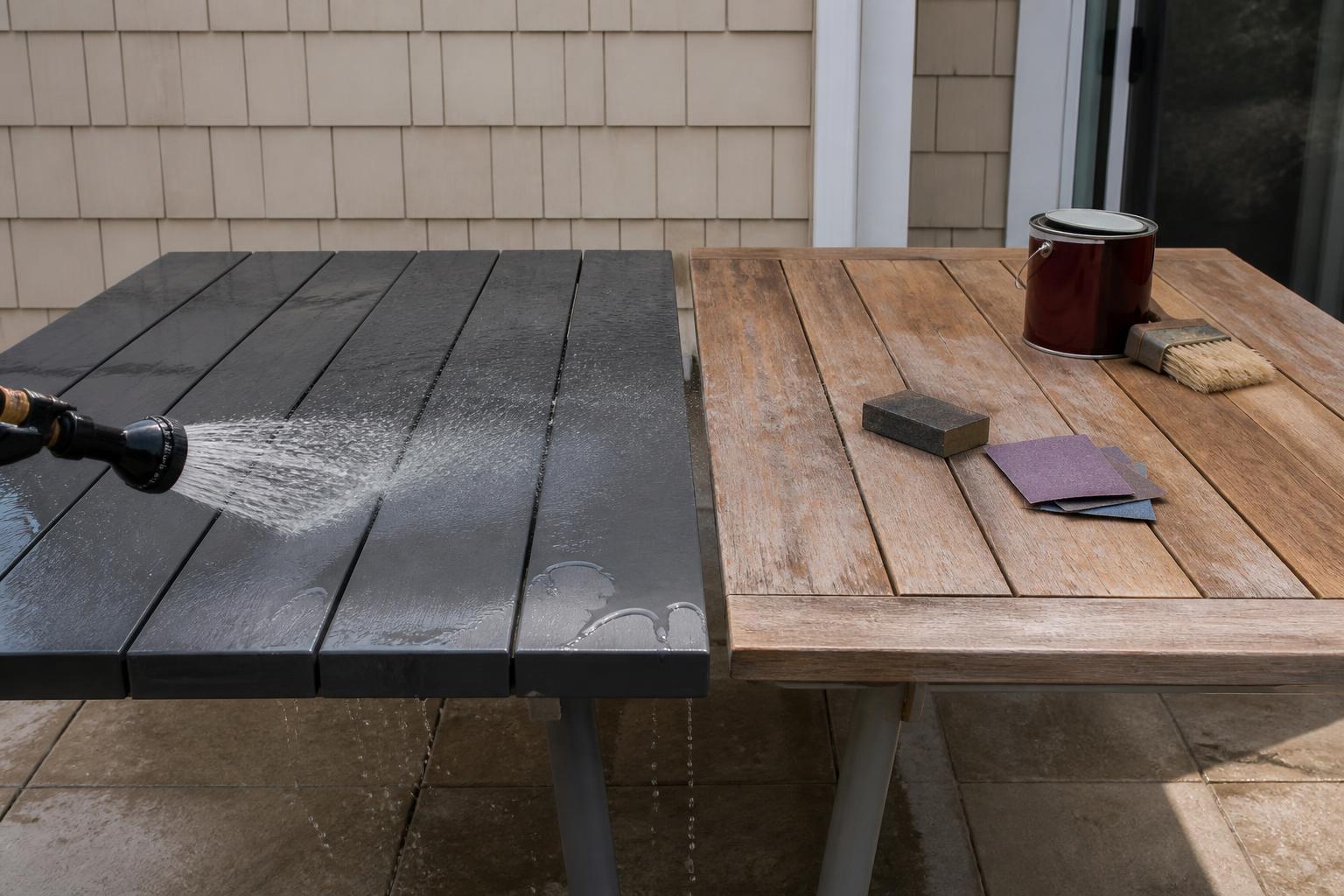 Marine Grade Polymer tabletop rinsed beside wood refinishing supplies
