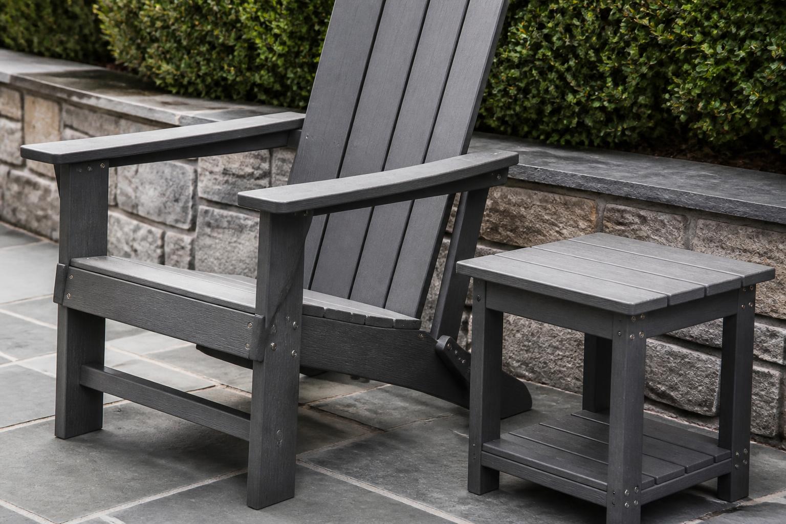 Substantial Adirondack chair and compact end table on a patio