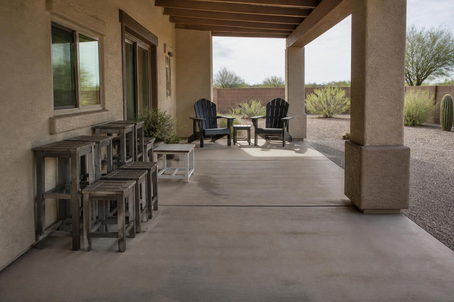 Covered Tucson patio with small furniture grouped for monsoon preparation