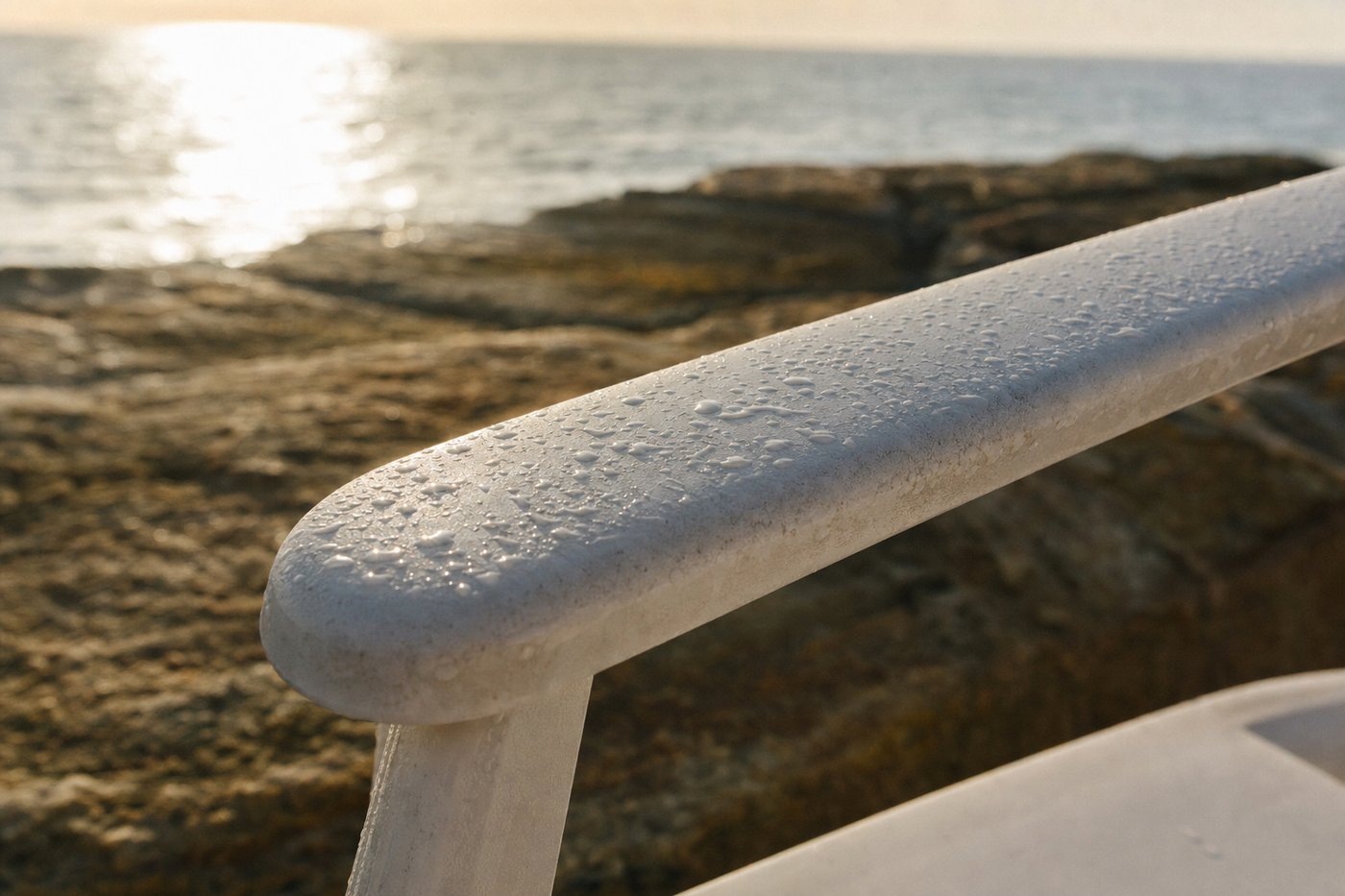 Close-up of water droplets on a white polymer chair armrest