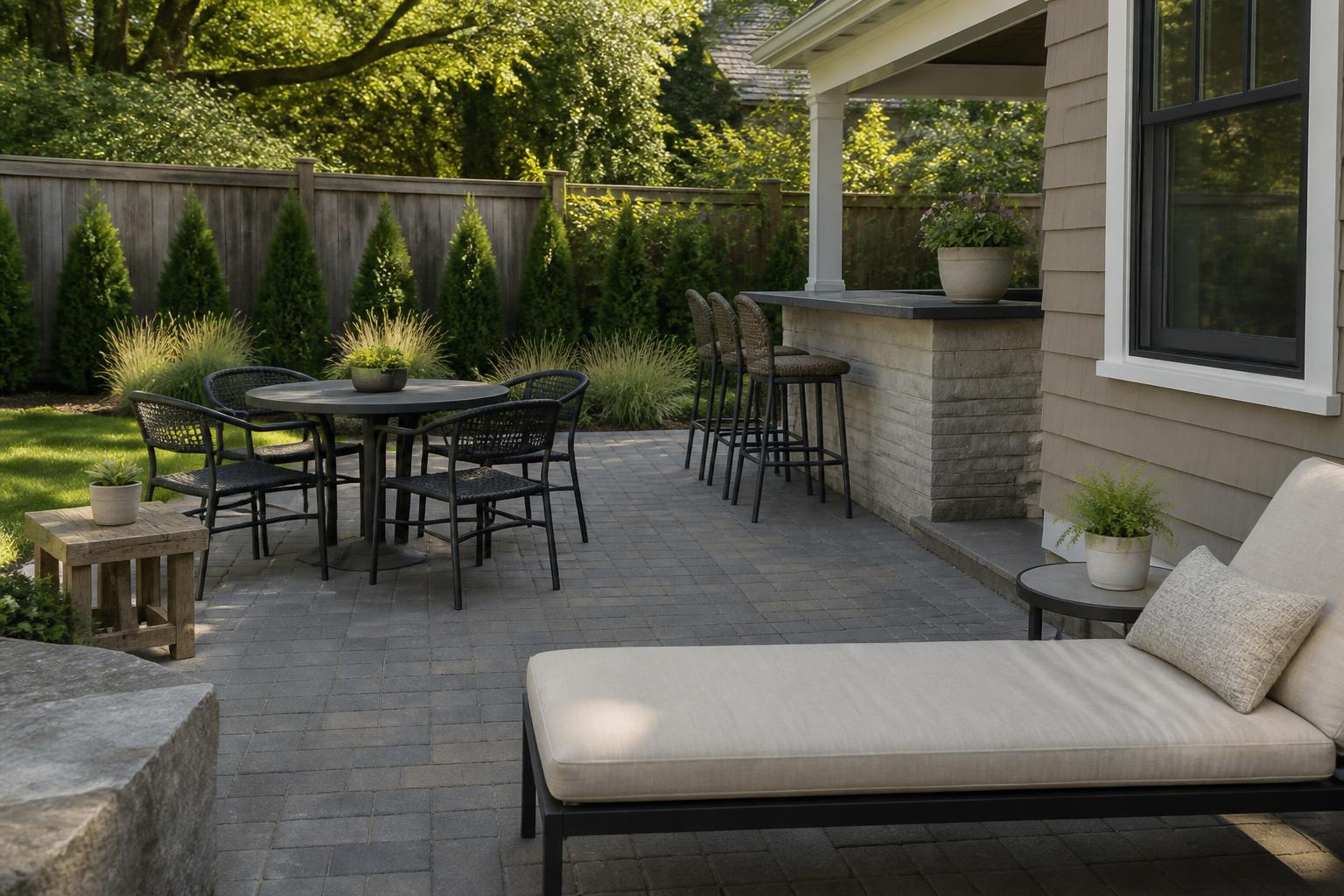 Mixed patio seating arranged across an open backyard patio