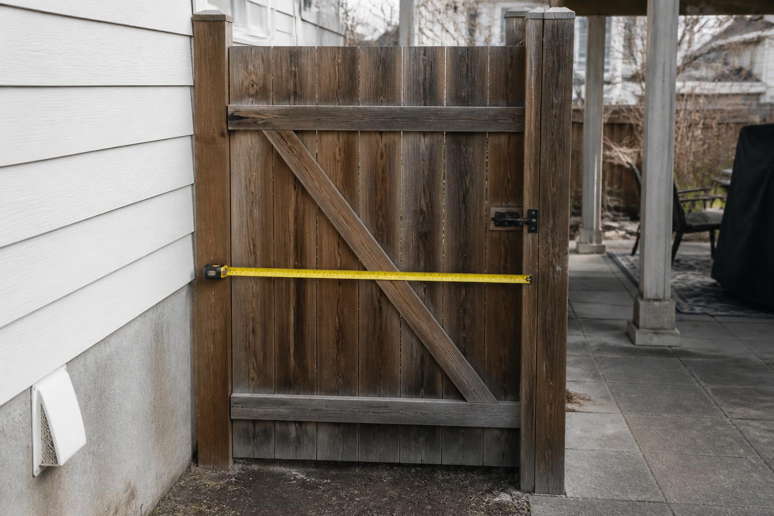 Tape measure checking the clear width of an exterior patio gate