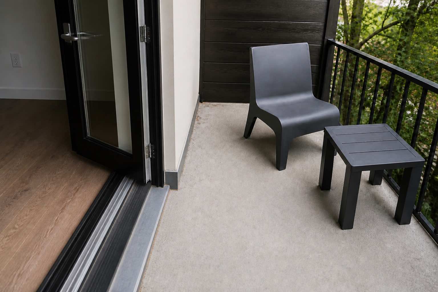 Chair and end table outside a hinged patio door swing path