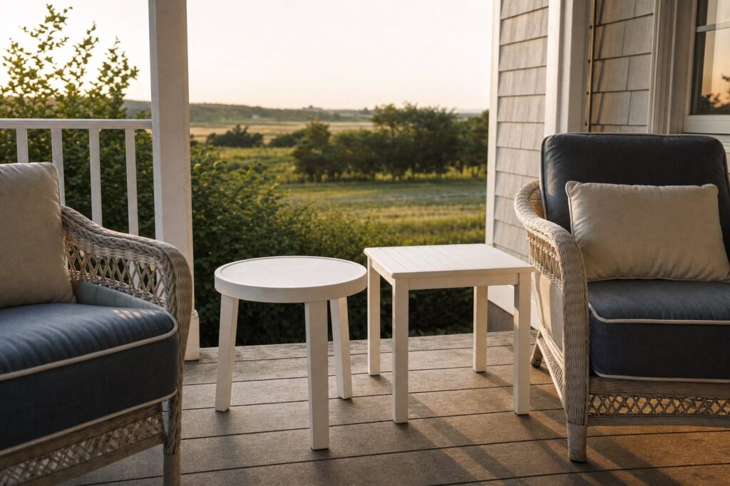 Round and square white polymer outdoor side tables on a covered porch