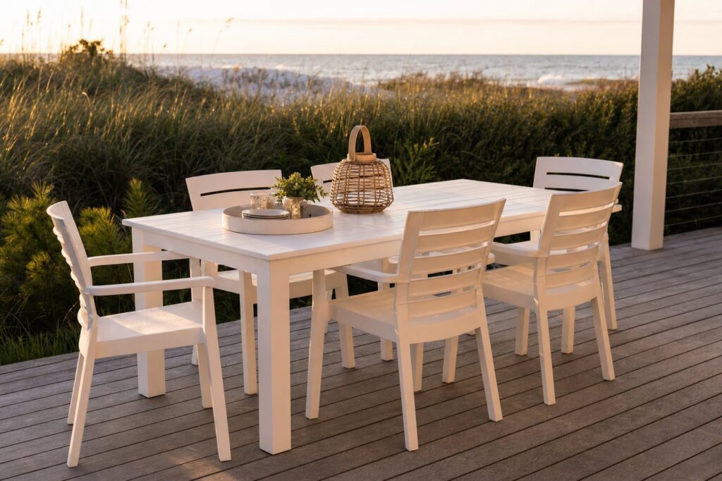 White polymer outdoor dining set on a beachfront deck at golden hour
