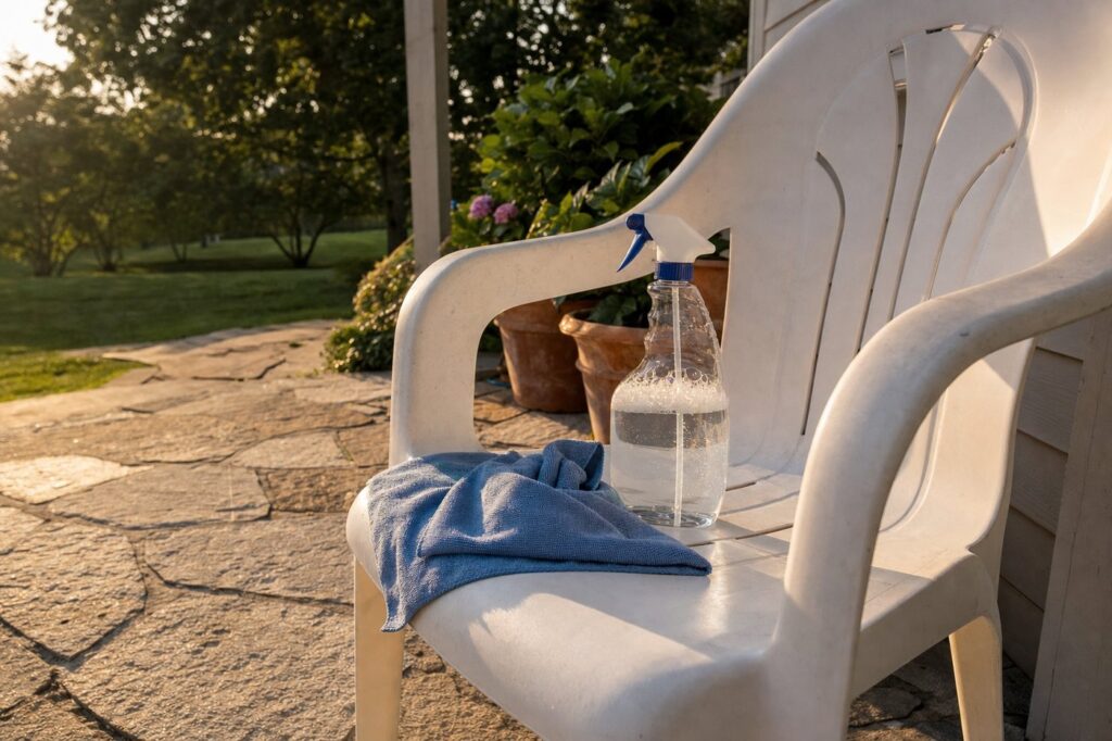 Cleaning cloth and spray bottle on a white polymer outdoor chair