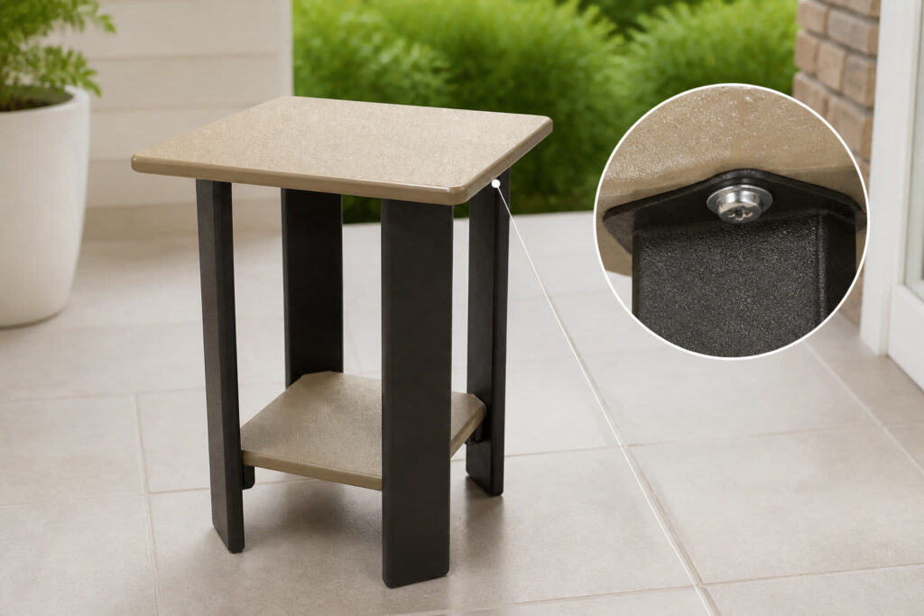 Square multicolor end table with a stainless steel joint detail