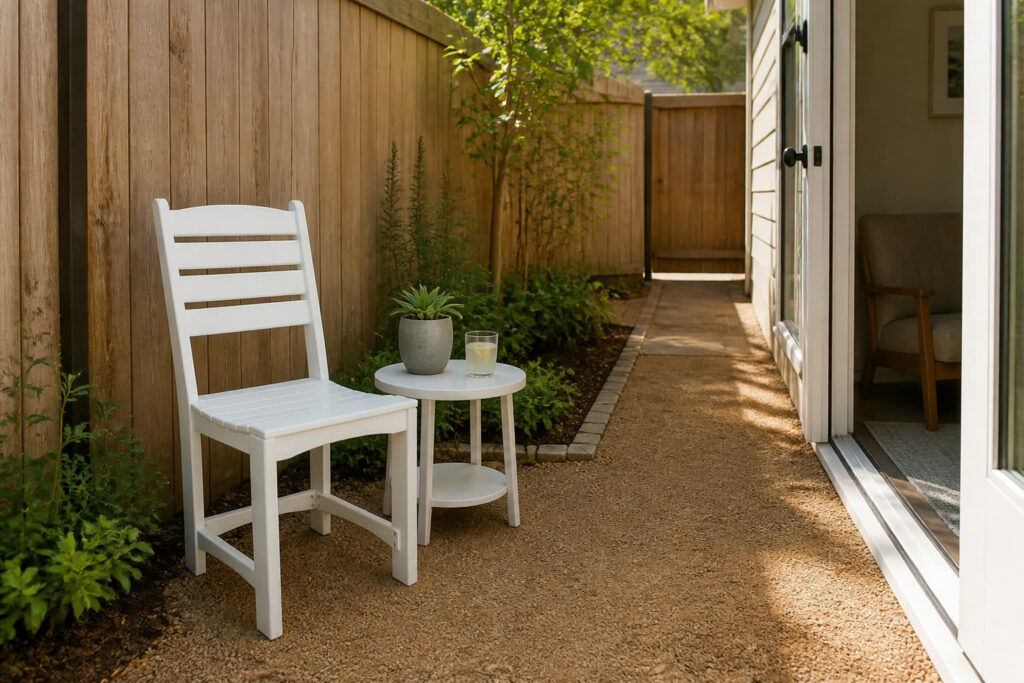 White Café chair and compact table beside an open Austin yard path