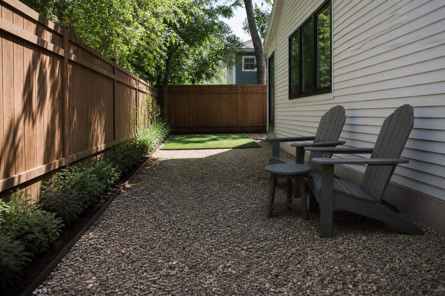 Two Adirondack chairs and a round end table in a narrow fenced Austin yard