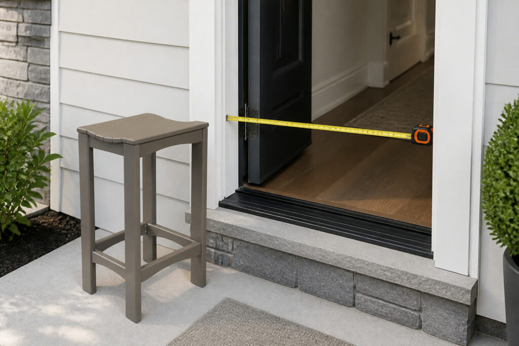 Weatherwood counter stool beside a measured exterior doorway