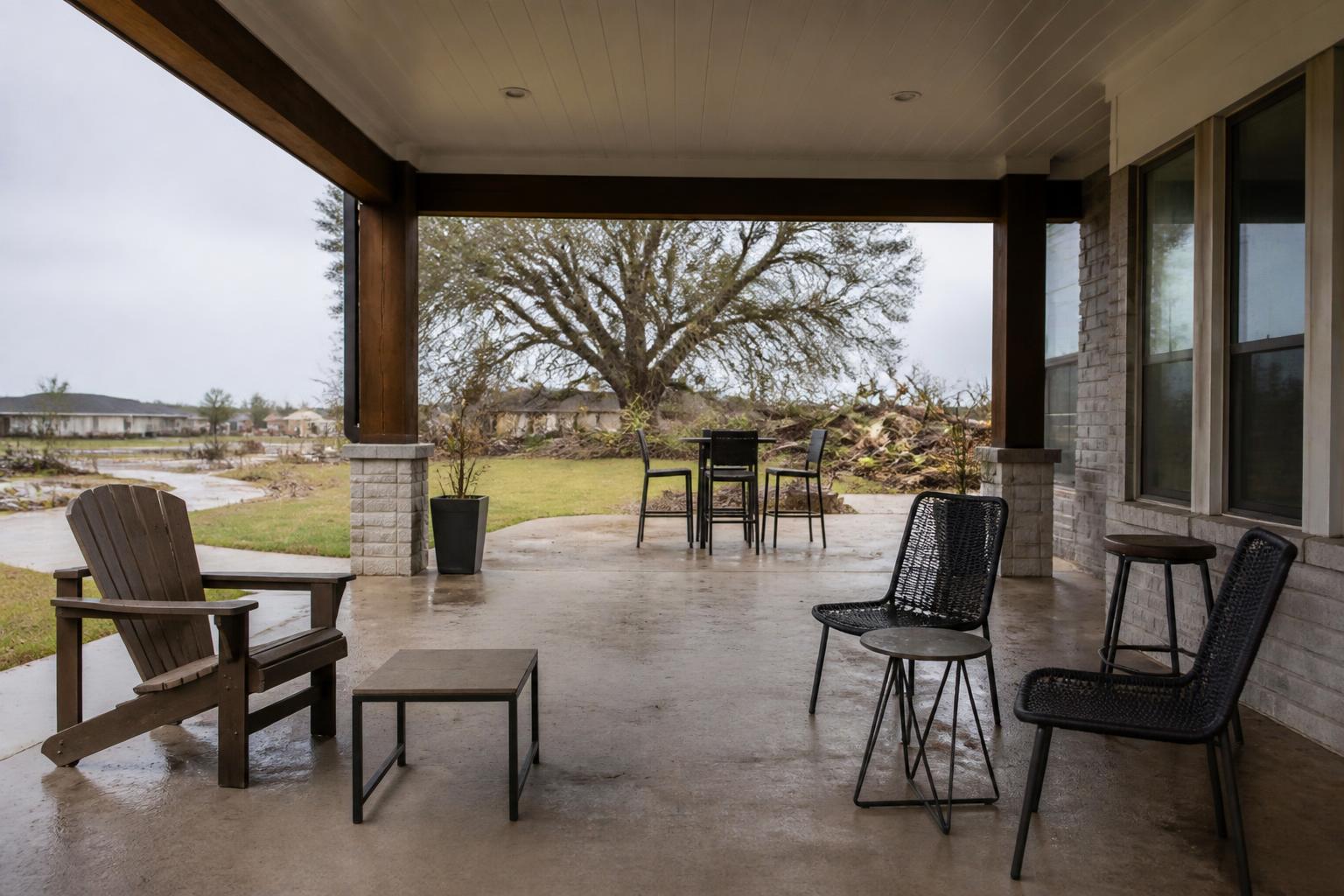 Covered Houston patio furniture spaced for airflow and storm cleanup