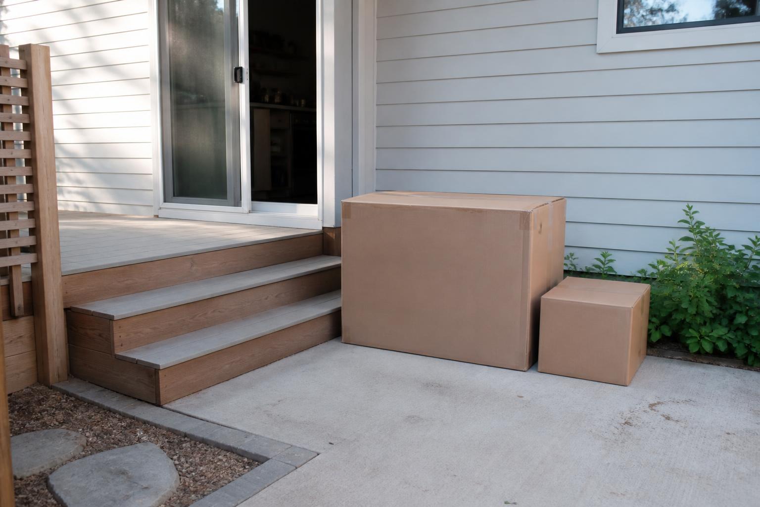 Two furniture cartons beside a deck stair landing and doorway