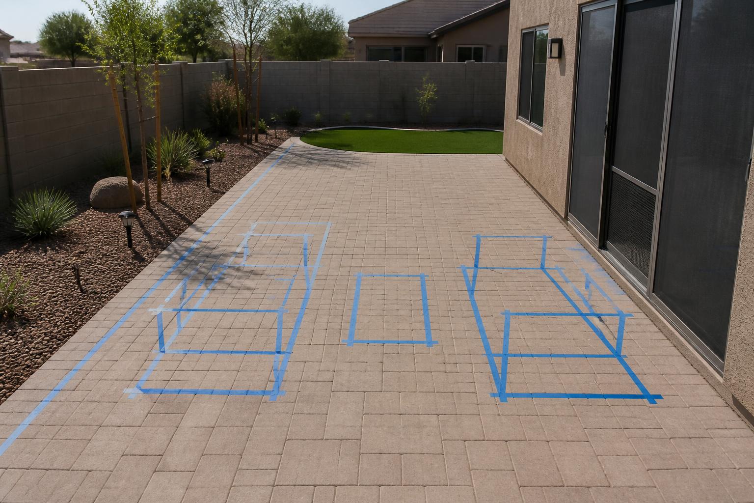 Painter's tape marking chair and end table footprints on a Phoenix patio