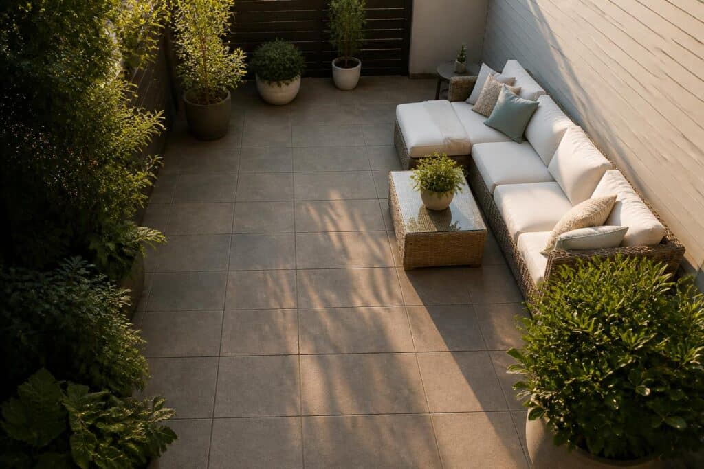 Compact patio with furniture placed to leave a clear diagonal walkway, overhead angle