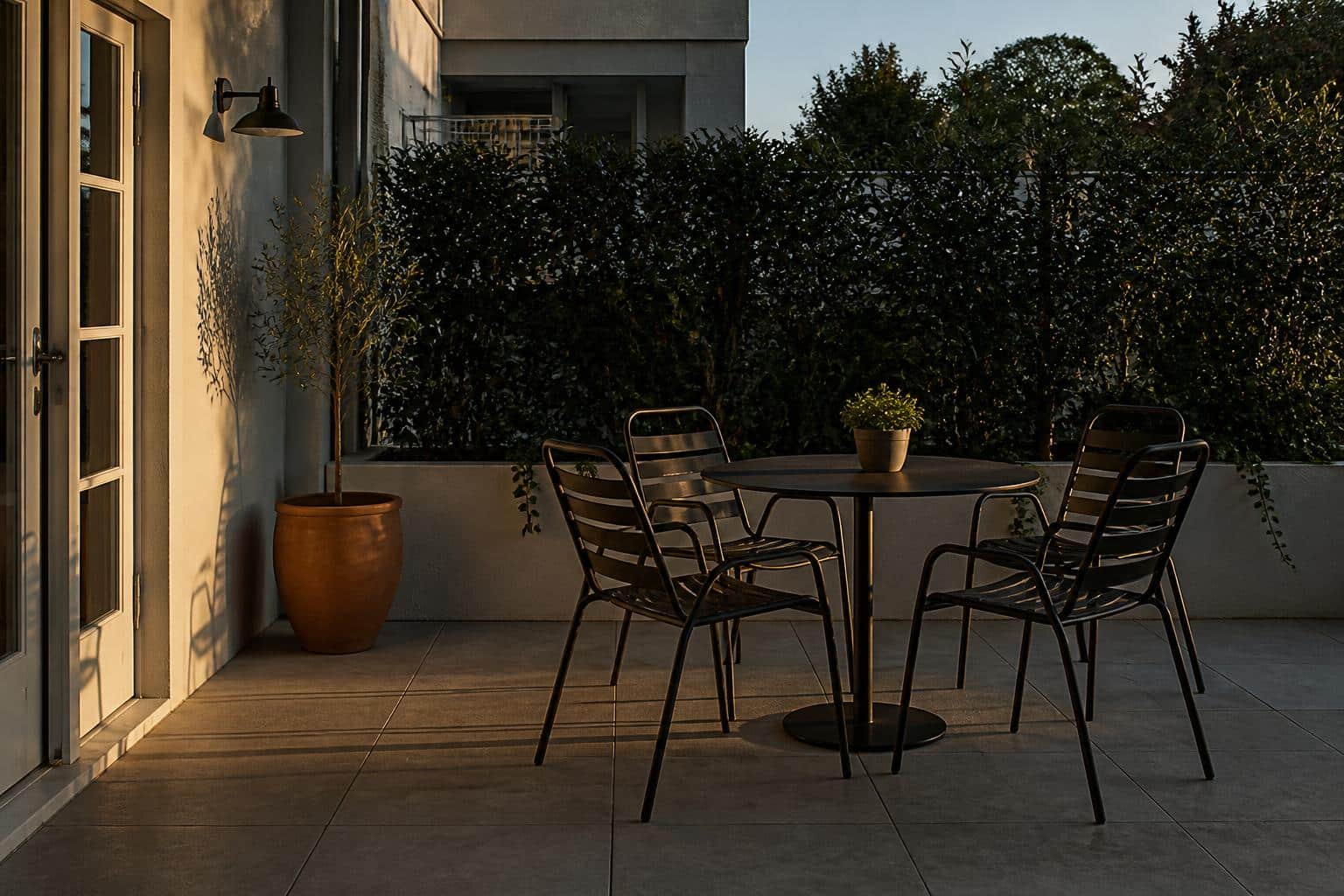 Cozy small patio with minimal furniture, evening light