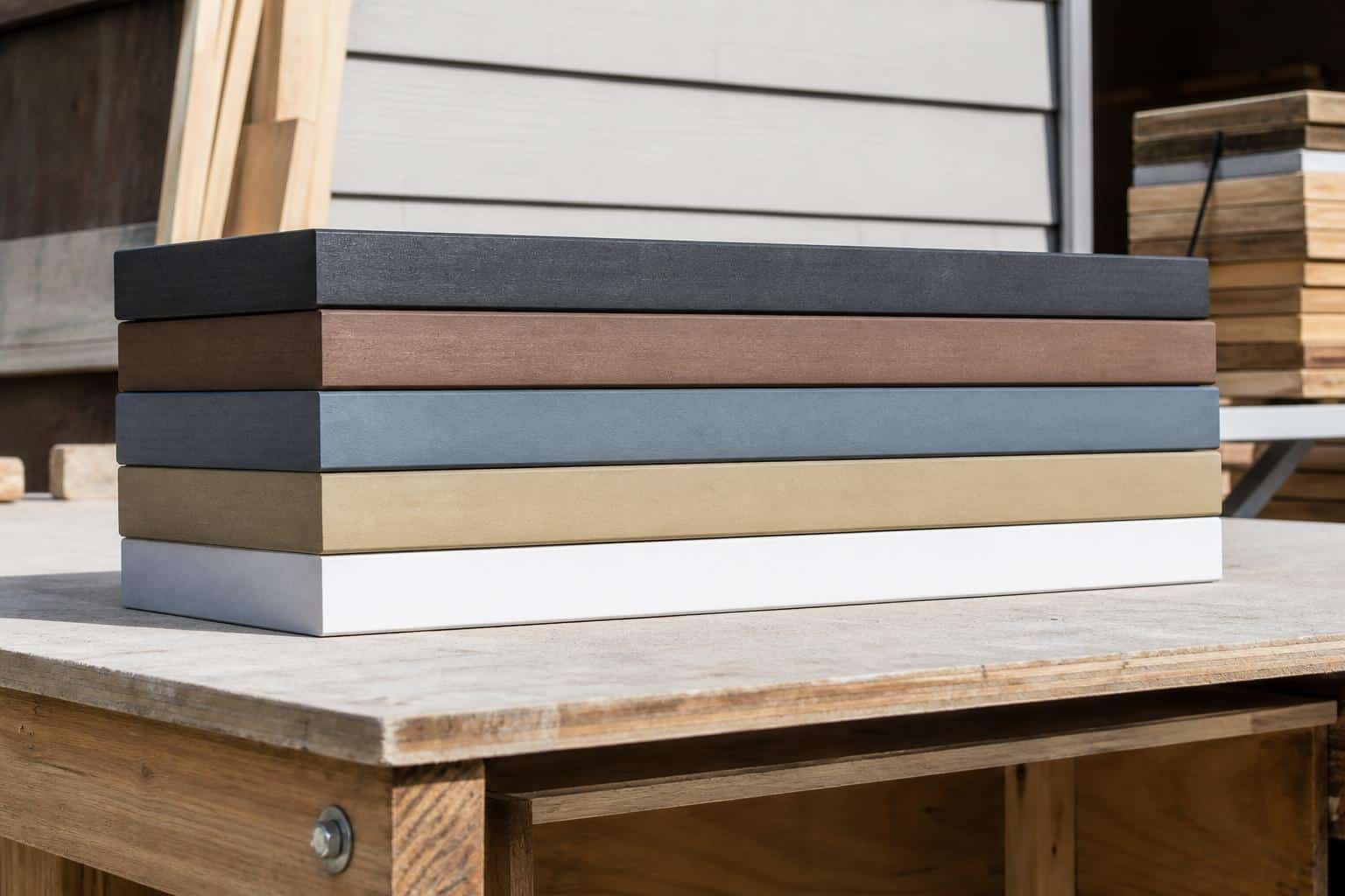 A neat stack of solid poly lumber boards in assorted colors on a clean workbench